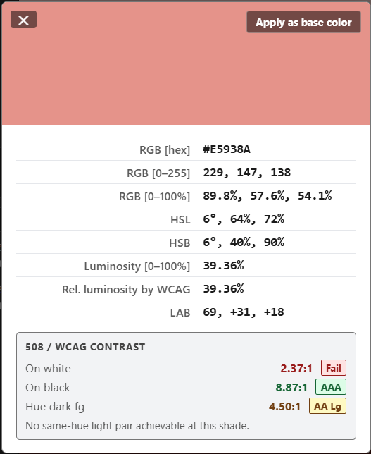 Sample output showing the color value information with color-coded 508 data.
