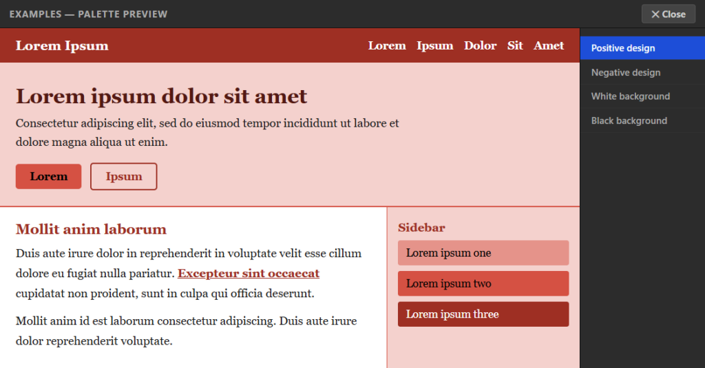 A preview of the selected color palette with positive design, negative design and two background options.